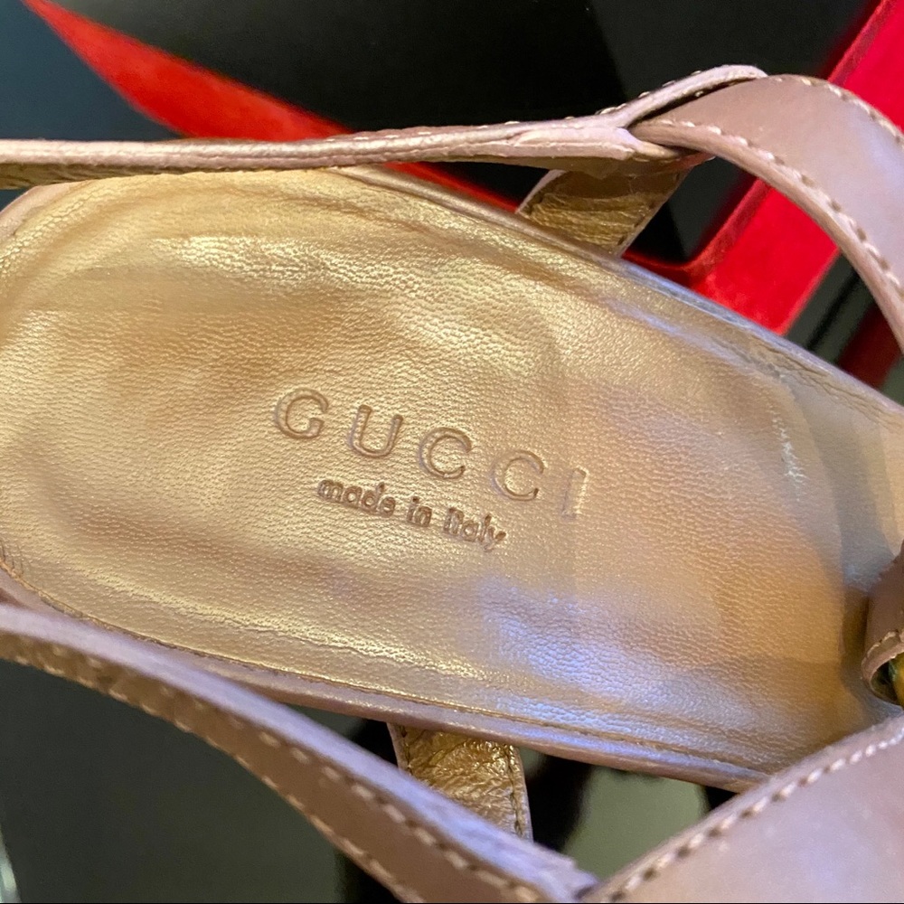 AUTH GUCCI TAN LEATHER PLATFORM W/ GOLD HORSEBIT - Picture 10 of 16